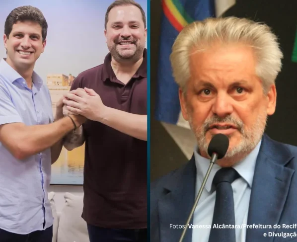 O prefeito do Recife, João Campos (PSB), ao lado do vereador Marco Aurélio Filho (PV); na outra foto, o ex-vereador Osmar Ricardo (PT)