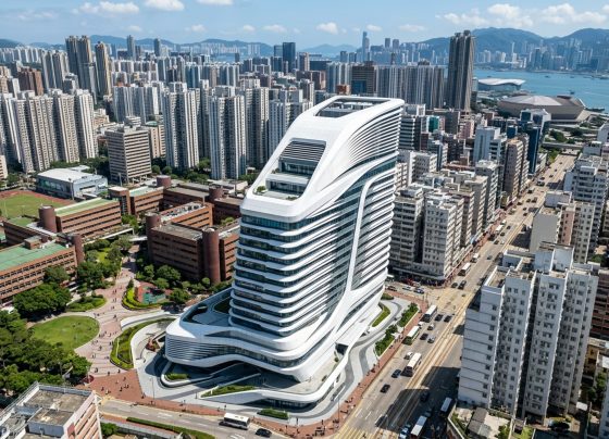Projetada por Zaha Hadid em 2014 com 15 andares e 78 metros de altura, a torre de design fluido desafia as linhas retas no panorama universitário