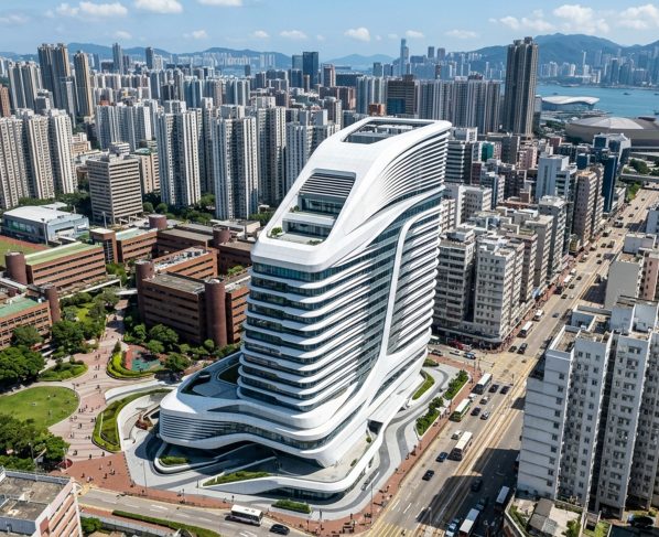 Projetada por Zaha Hadid em 2014 com 15 andares e 78 metros de altura, a torre de design fluido desafia as linhas retas no panorama universitário